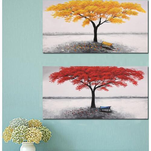 Vintage Natural Red and Gold Tree Art Scenery Landscape Paintings Scandinavian Nordic Poster Print Wall Picture for Living Room