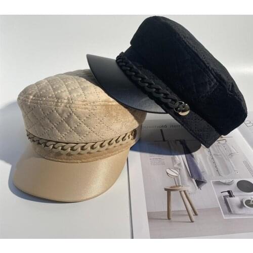 2021 New Winter Womens Hat Woolen Cloth Splicing Acrylic Chain Pu Brim Fashion Lady Octagonal Hat Female Beret Cap