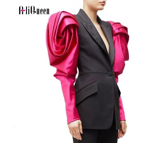 2019 Autumn Patchwork Hit Color Women Blazer Mujer Coat Puff Sleeve Notched OL Plus Size Blazers Chaqueta Outerwear Veste Femme
