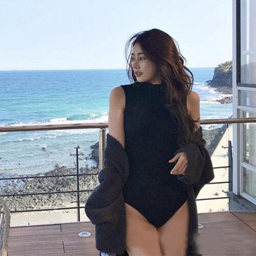 2020 Hot Korea Style One Piece Swimsuit Solid Swimwear Women Push Up Open Back Swim Suit Pad Bathing Suit High Neck Beachwear