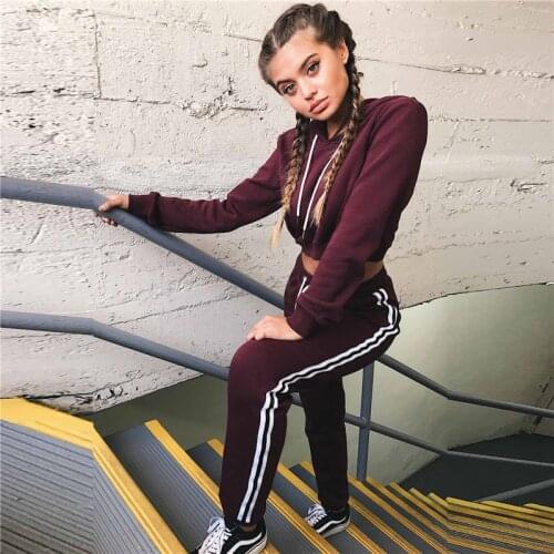 Tracksuit Pullover Hoodies Woman Clothes Sports Suits Print Crop Top+Side Stripe Pant Outfits Women Set 2 Pieces