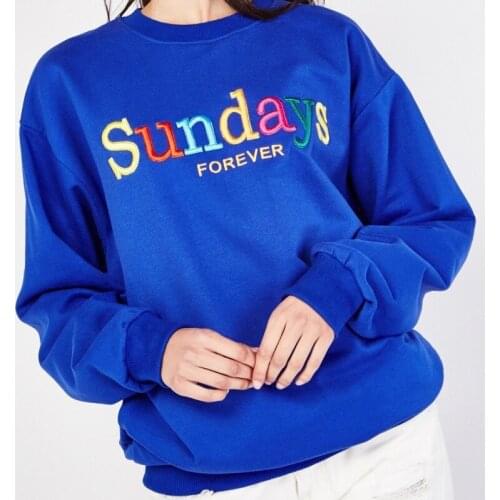 Sunday Forever Rainbow Letters Embroidery Autumn Causal Women Sweatshirt Blue Crewneck Long Sleeve Thick Pullover Vintage Jumper