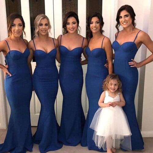 Simple Royal Blue Sexy Mermaid Bridesmaid Dresses Simple Spaghetti Straps Satin Maid Of Honor Party Dresses Cheap