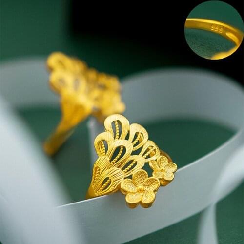 Phoenix Tail Flower 24K Gold Plated Rings for Women Brass Sweet Ethnic Gold Rings Party Wedding Engagement Daily Luxury Jewelry