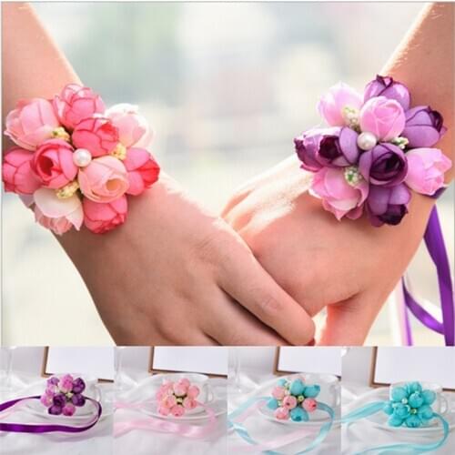 10 Colors Beautiful Bride Wrist Artificial Flower Wedding Party Flower Ribbon Decoration Bridesmaid Fake Flower For Wedding