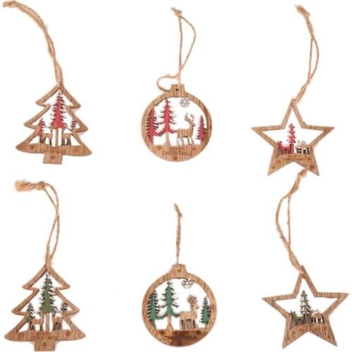 6PCS Christmas Wooden Pendants Xmas Tree Hanging Ornaments DIY Wood Crafts For Home Christmas Party New Year Decorations