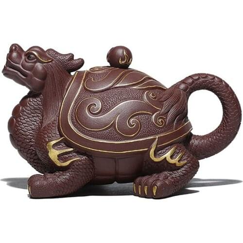 Purple Clay Teapot With Raw Ore And Handmade Dragon Turtle Zisha Chinese Drinkware Teaware With Authors Certification