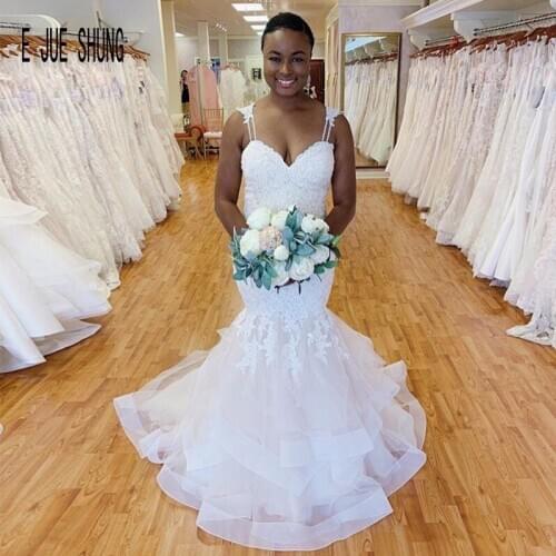 E JUE SHUNG Sexy African Mermaid Wedding Dress Spaghetti Straps Sleeveless Organza Tiered Skirts Lace Applique Vestido De Novia