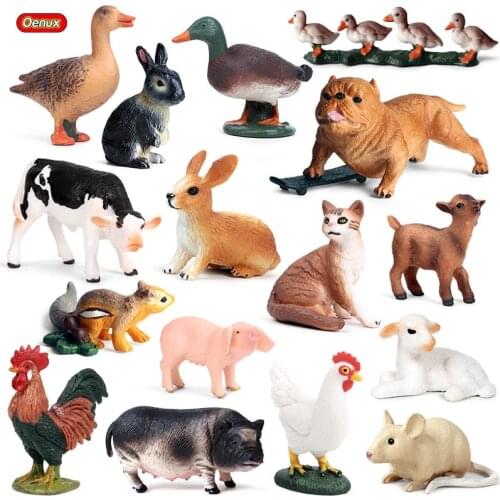 Oenux Lovely Poultry Goose Duck Chicken Pig Cow Cat Farm Animals Model Action Figure Figurines PVC Miniature Education Kids Toy
