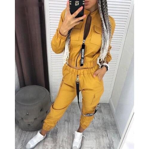 Punk style overalls for women Street hip-hop style cool girl suit Long Sleeve Zipper Top and Pants Three-color 2 Pieces Set
