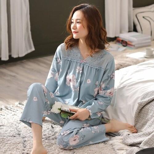 Two Piece Suit 2021 New Spring And Autumn Pajamas Ladies 100% Cotton Long-sleeved Thin Flower Print Home Service Plus Size