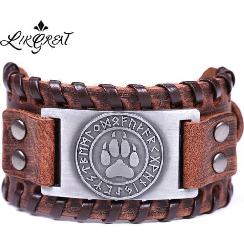 LIKGREAT Wolf Animal Paw Rune Charm Bracelets for Men Slavic Kolovrat Amulet Jewelry Vintage Silver Color Leather Wide Bracelet