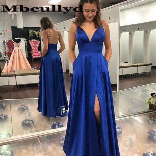 Mbcullyd Royal Blue Long Prom Dresses With Pocket High Split Evening Party Dress For Women Modest Plus Size Vestido De Festa