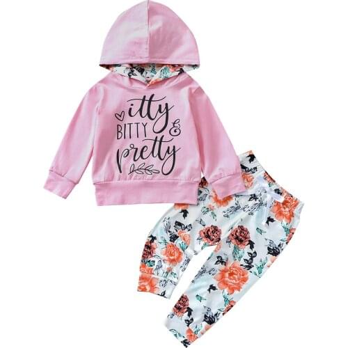 2021 Newest Baby Clothes Baby Girls T-shirt and Trousers Suit Fresh Letter Long Sleeve Hoodies and Flower Long Pants