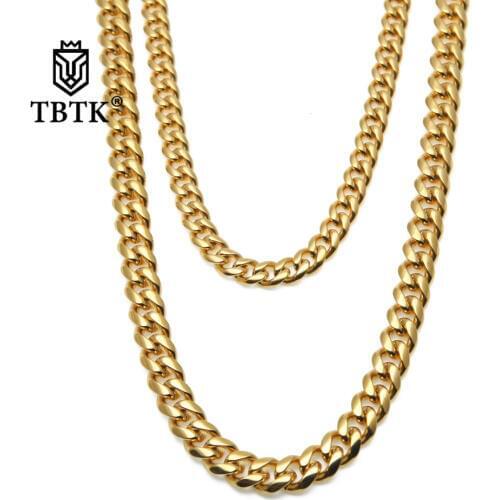 TBTK Hiphop Metal Gold Cuban Link Chain Stainless Steel for Men Box-clasp Punk Simple Style Jewelry Classic Necklace