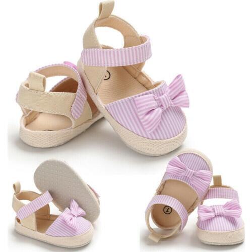 2019 New Arrivals Summer Baby Girls Cute Bowknot Sandals Crib Shoes Striped Baby Casual Soft Sole Shoes Outfit 0-18M