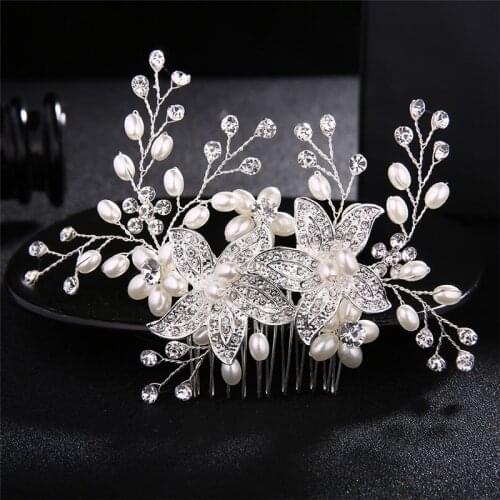 OKILY 2021 Elegant Imitation Pearl Silver Color Wedding Hair-Combs for Women Crystal Cute Flower Hair Accessories Jewelry