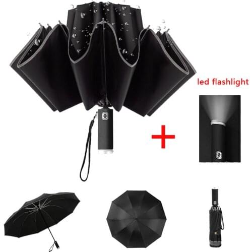 Ombrello da donna antivento uomo uomo ombrello rovesciato pieghevole automatico con torcia LED ombrello riflettente per pioggia