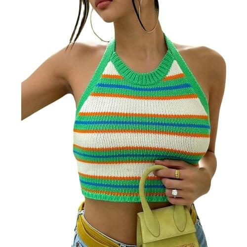 Open Back Halter Tank Tops Womens Summer Sexy Sleeveless Striped Print Tie Knot Back Knitted Crop Tops Streetwear New