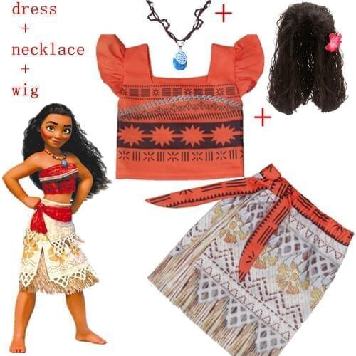 Girls' Dress Princess Moana Party Halloween Christmas Cosplay Costume Kids 2019 Summer Vaiana Dress Party Dress+wig and necklace