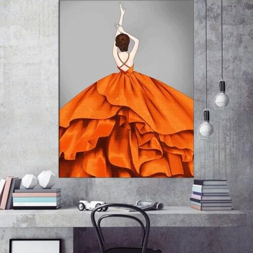Modern Abstract Noble Orange Dress Woman Canvas Painting Nordic Posters and Prints Wall Art for Home Decor