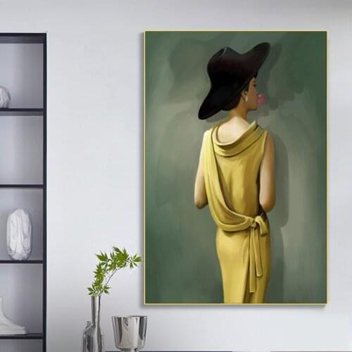 Morden Lady with Tawny Skirt Black Hat Bubble Poster Canvas Prints Wall Art Paintings Pictures for Living Room Home BedroomDecor