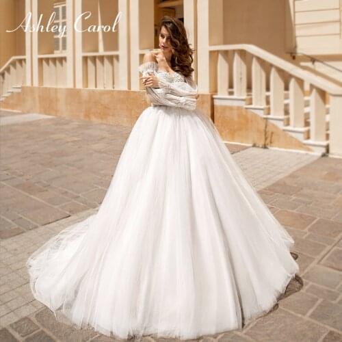 Ashley Carol A-Line Wedding Dress 2021 Detachable Puff Sleeve Ruched Tulle Beaded Lace Sweetheart Princess Bridal Gown