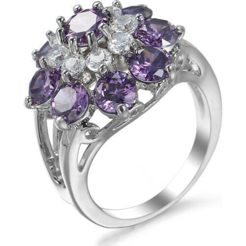Ociki Silver Color Cubic Zirconia CZ Purple Crystal Wedding Rings Flower for Women Girls Drop Shipping Jewelry Ring Gift