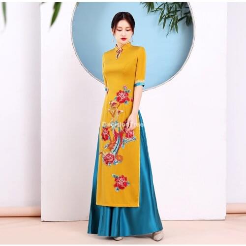 2021 traditional vietnam ao dai chinese dress qipao for women flower embroidery cheongsam dress ethnic style costume aodai dress