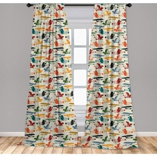 Vintage Airplane Curtain Colorful Aircraft Concept Silhouettes on Beige Background Aviation Theme Window Treatment Living Room