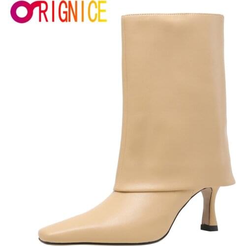 Orignice Riding Equestrian Mid-Calf Boots Slip On Brand Designer Modern Women Square Toe High Heel Elegant Party Dancing Shoes