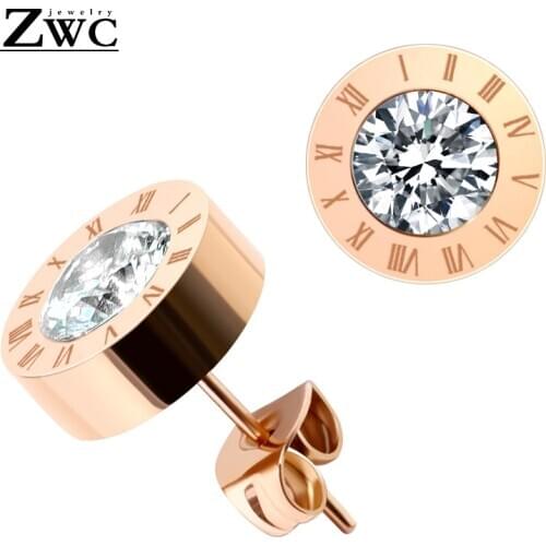 ZWC Fashion High Quality Zircon Roman Numeral Stud Earrings for Women Party Titanium Steel Rose Gold Crystal Earrings Jewelry