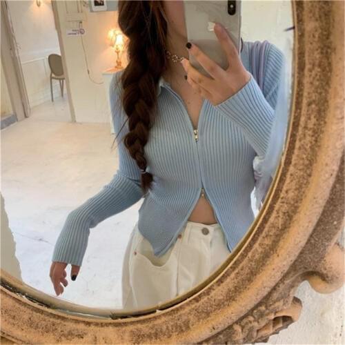 2021 New Sexy Double Zippers Knitted Sweater Cardigan Women High Street Thin Knit Crop Top Ropa Mujer