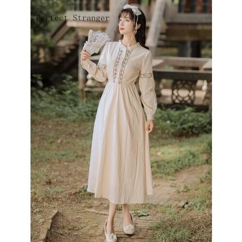 2021 Autumn New Arrival High Quality Hot Sale Stand Collar Flower Embroidery Long Sleeve Women Cotton Long Dress