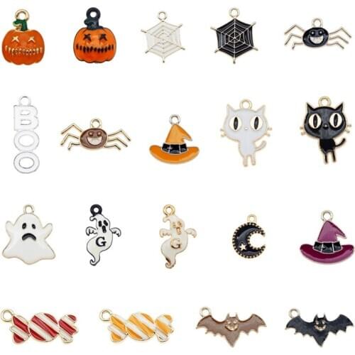 Julie Wang 19PCS Enamel Halloween Charms Mixed Candy Ghost Pumpkin Bat Spider Cat Hat Boo Alloy Pendant Jewelry Making Accessory