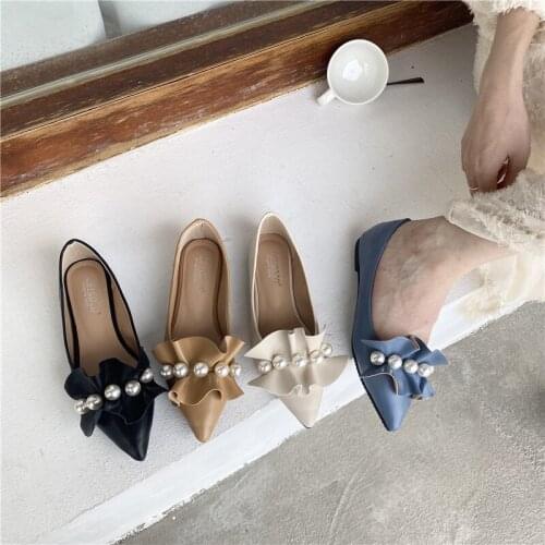 2021 Elegant Beads ruffles moccasins femme ballerina shoes women sneakers pointed toe shallow slip on pearl loafers woman flats