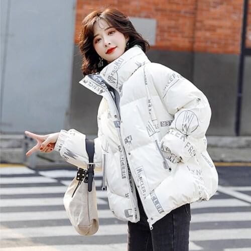 2021 Winter Parkas Letter Print Warm Jackets Womens Drawstring Mandarin Collar Cotton Warm Coats Female Short Clothes Snow Wear