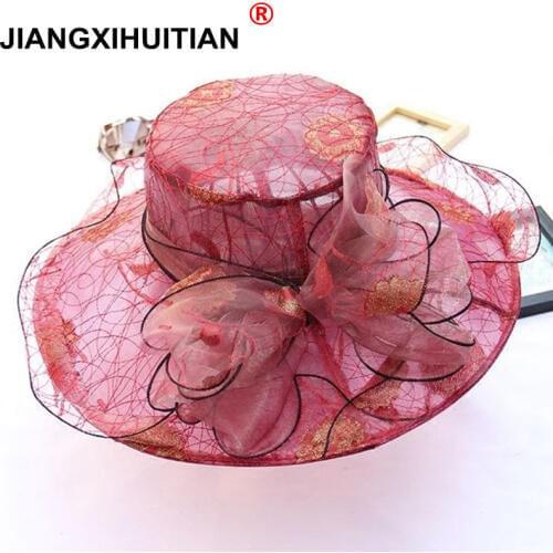 Elegant Fashion Womens lace Church Hats For Women Flower Hat Summer Gorras Sun Hat Wedding Kentucky Derby Wide Brim Sea Beach