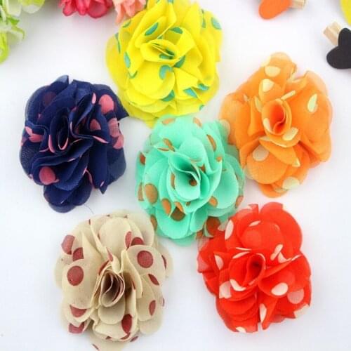 Dot Chiffon Ruffled Fabric Flower flatback without Clip For Baby Girls Hair Accessories Hand
