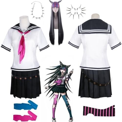 Ibuki Mioda Cosplay Custome Dangan Ronpa 2 Goodbye Despair Shirt Dress Long Wig School Girl JK Uniform Skirt Set Halloween
