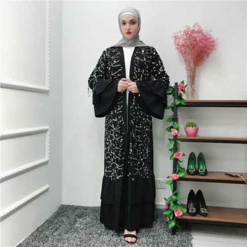Fashionable Muslim Black Sequin Cardigan Middle East Sequin Dress Temperament Ladies Jalabiya Dress Dubai Turkish Dress Woman