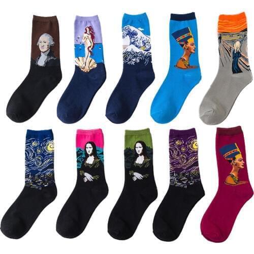 Socks men Autumn Winter Western Abstract Oil Painting Mona Lisa Vintage Women Personality Art Socks Oil Funny Happy Socks