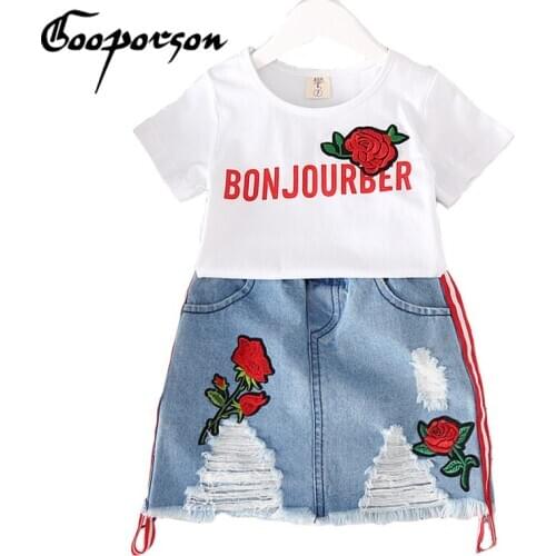 2019 New Brand Kids Girl Rose Clothes Set White Shirt With Jean Skirt Fashion Kids Girl Clothes Set 3 4 5 6 7 Years Old Sets