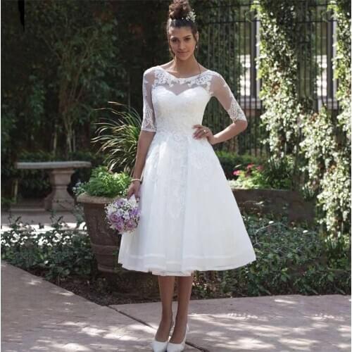 Vestido de noiva 2020 New Fashion Sheer Scoop Half Sleeve Knee Length Short Wedding Dress Cheap Lace Appliques Bridal Gown