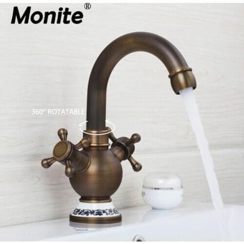 Monite New Double Handles Vintage Kitchen Faucet Antique Brass Swivel 360 Deck Mounted Ceramic Base Sink Mixer Tap Faucet