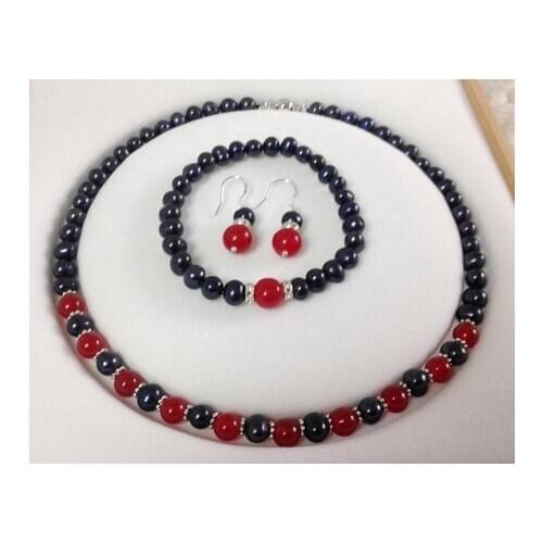 NEW 7-8mm Freshwater Black Pearl Red Jade Necklace Bracelet Earring Set 18"