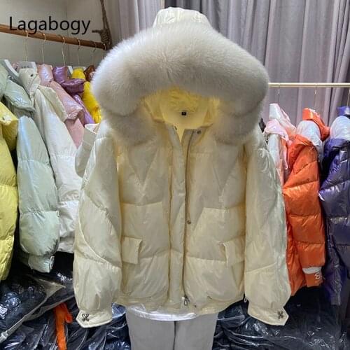 Lagabogy 2021 Big Real Fox Fur Collar Winter Women Glossy Parka 90% White Duck Down Jackets Female Hooded Warm Waterproof Coats