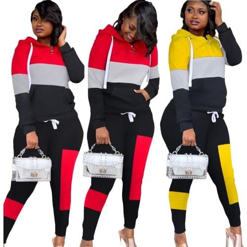 Sexy baby 001 Winter womens clothing casual color contrast stitching hooded casual sports two-piece suit LM