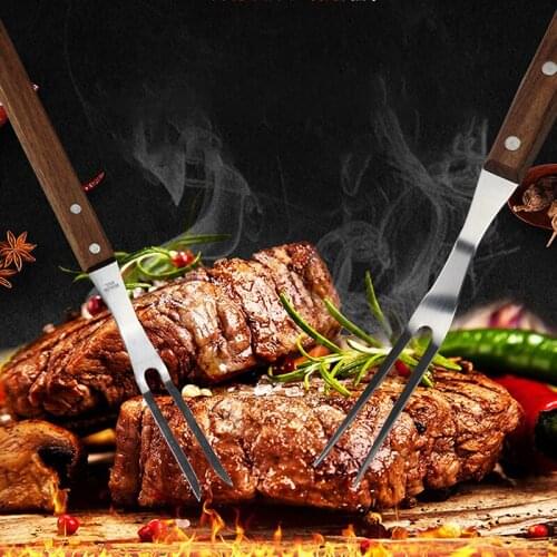 Portable Barbecue Tools High Quality Outdoor Stainless Steel Food Forks Convenient Wooden Handle Meat Fork Household Supplies