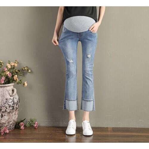 2020 Pregnant Women Stretch Bootcut Jeans Trumpet Spring And Summer New Hole Korean Version Thin Straight Nine-Point Pants